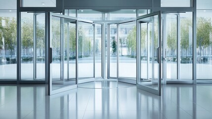 Business reception area with a transparent glass front and strong aluminum-framed doors.