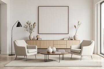 Modern minimalist living room interior with beige armchairs, wooden sideboard, ceramic vases, books, and natural light on a soft neutral background. Ai generative