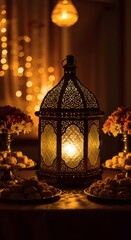 Illuminated Lantern with Sweets and Flowers for Celebration