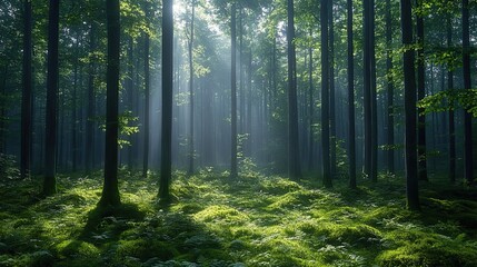 Obraz premium Sunlight filters through tall trees illuminating a vibrant forest floor