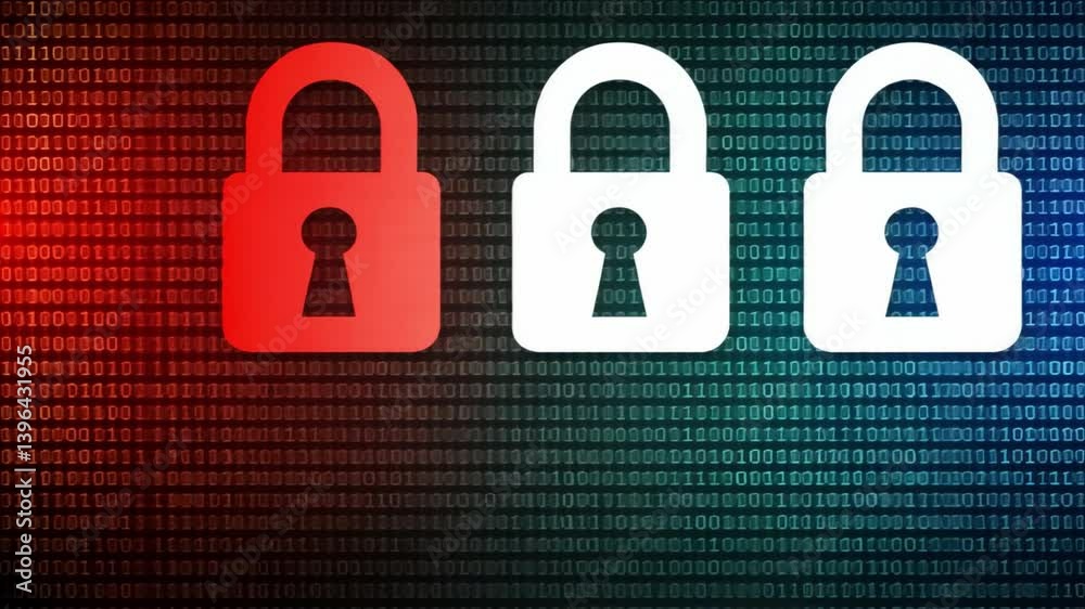 Poster digital locks symbol of security and protection in age of cybersecurity, featuring binary code and a