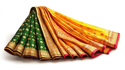 Colorful silk saree draped elegantly on white background.
