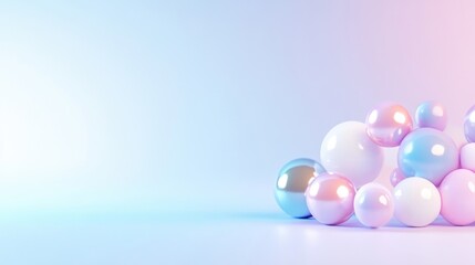 Pastel Spheres Soft Gradient Background, High-gloss Render, Wide Landscape View, Iridescent Textures, Decorative Cluster, Dreamy Studio Setting, Gentle Pastel Hues, Perfect for Website Banners