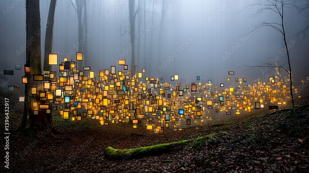 Wall mural illuminated squares float through a foggy forest, creating a magical, surreal landscape