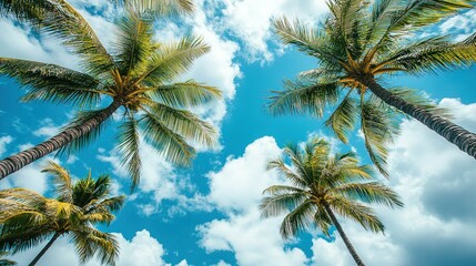 Obraz premium Lush palm trees reaching for a vibrant summer sky.