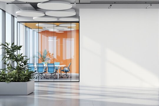 Contemporary office interior featuring a stylish meeting room with orange walls, blue chairs, and ceiling decor, on a bright background. Ai generative