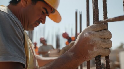 A Hispanic construction worker tightening bolts at a construction site. Featuring precision and attention to detail