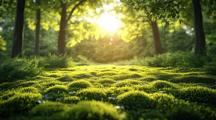 Sunlit forest path with vibrant mossy ground and leafy trees
