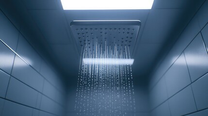 Obraz premium Close-up of water drops falling in vertical streams from a large square showerhead in a sleek space