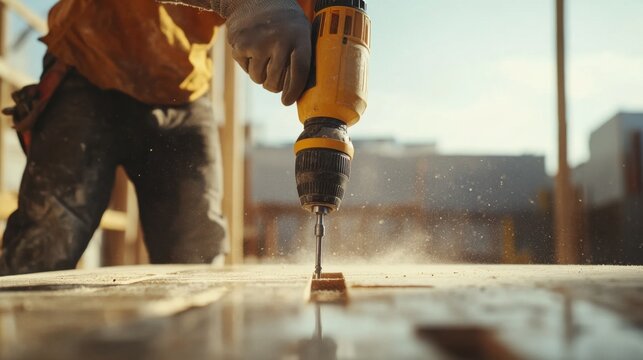 A Hispanic construction worker using a power drill at a construction site. Featuring precision and efficiency