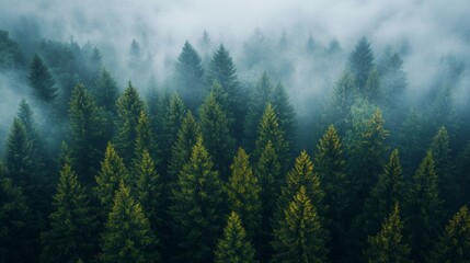 Misty Mountain Forest Aerial View: An Enchanting Panorama of Evergreen Trees