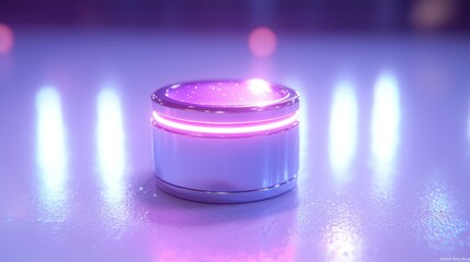 Glowing cylinder with neon band sits on a bright, blurry surface