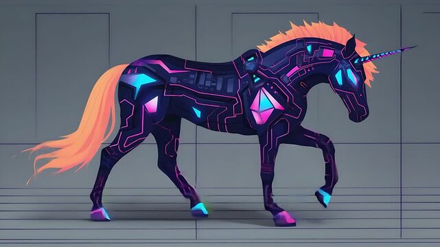 Futuristic unicorn with glowing circuits.  Cybernetic horse with vibrant neon accents