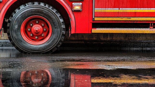 Detail of fire engine tire with textured treads and hubcap beside puddle reflecting vivid red paint