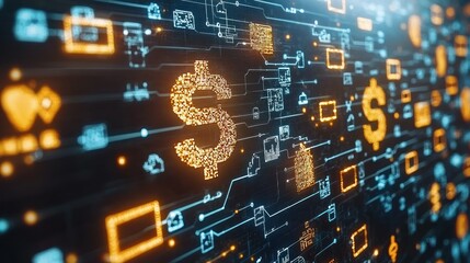 Glowing dollar signs amid digital web of lines, icons, and squares