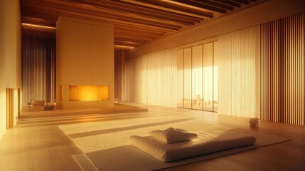 Fototapeta premium Elevated interior mood with thick white rug and soft shadows cast by light wooden box