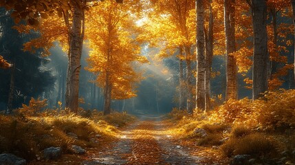 Obraz premium Sunlight illuminates a beautiful forest path during the autumn season