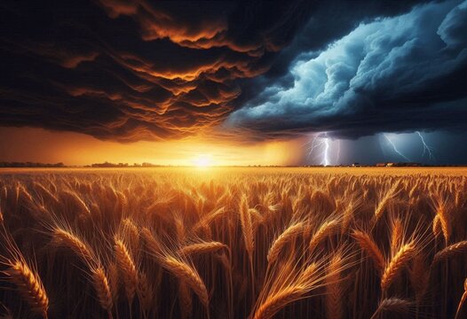 A golden wheat field under a stormy sky, dark clouds contrasting with bright crops, lightning in the distance