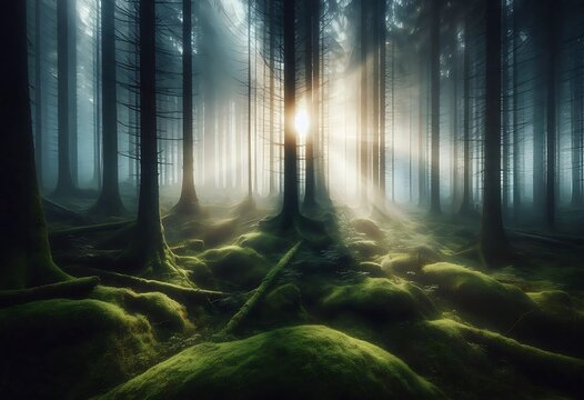 A misty forest at dawn, tall pine trees shrouded in fog, rays of sunlight piercing through, rich green moss