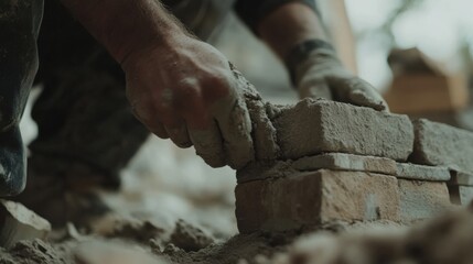 A mason building a brick wall for a house foundation. Featuring focus and expertise