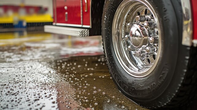 Heavy-duty fire engine wheel with raindrops collecting on rubber tread and polished hub