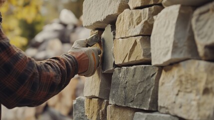 Obraz premium A mason carefully placing a stone in a wall. Featuring craftsmanship and attention to detail