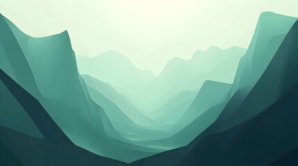 A stylized, ethereal landscape of layered, teal mountains.