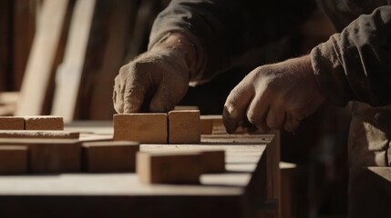 A mason cutting bricks for a wall construction. Featuring craftsmanship and technique