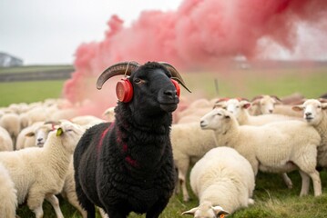 black sheep with large curved horns wearing red headphones, standing in front of a flock of white sheep, red smoke or particles exploding behind the sheep - generated by ai