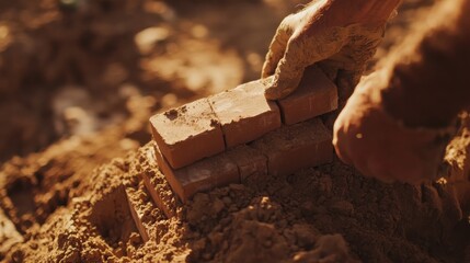 A mason laying bricks for a new wall on a construction site. Featuring precision and expertise