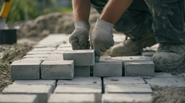 A mason laying stone blocks for a strong foundation. Featuring skill and strength