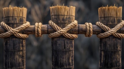 Closeup of Handmade Bamboo and Straw Fence Tied with Rope