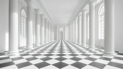 Hallway with pillars, checkered floor, bathed in light. Symmetrical