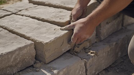 A mason laying the first row of bricks for a wall. Featuring steady hands and focus