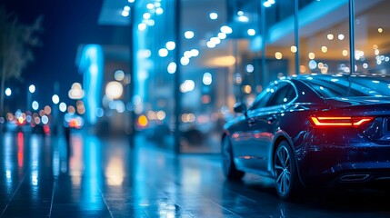 A modern, dark-blue sedan parked at a car dealership at night.