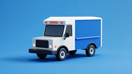 Cartoon delivery van on blue background.