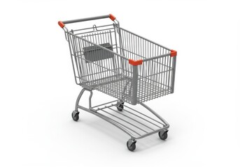 A silver metal shopping cart with orange accents isolated on a white background in a studio shot