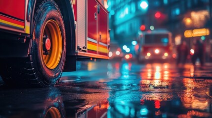 Up-close angle on rugged tire of fire engine on wet pavement reflecting vibrant city tones