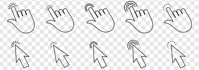 Computer mouse click cursor icon set. Hand and arrow pointer cursor stock vector. Eps 10.
