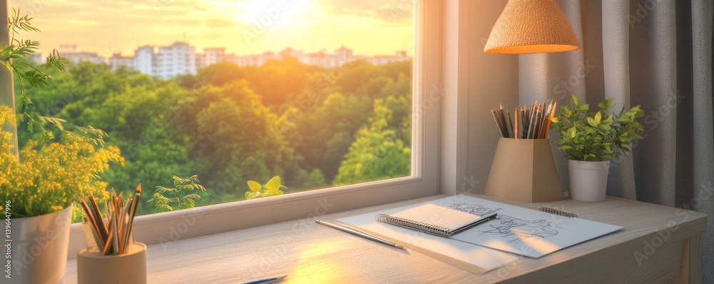 Poster a desk with a window and a lamp. the window has a view of a forest and the lamp is turned on