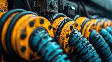 Obraz premium Industrial Yellow and blue pipes connect, detailed, rusted bolts and lines