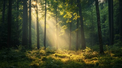 Fototapeta premium Sunbeams in the Mystical Forest: A Dawn's Embrace