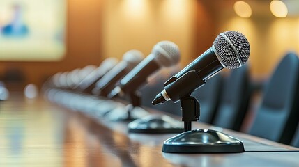 Row of microphones ready for a formal meeting.