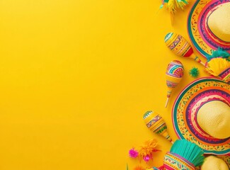 Festive Arrangement of Hats and Maracas on Yellow Background