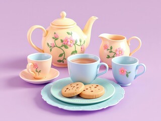 Fototapeta premium A delightful 3D rendering of a pastel-colored tea set
