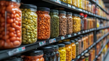 Jars filled with pickled food products sit on grocery store shelves