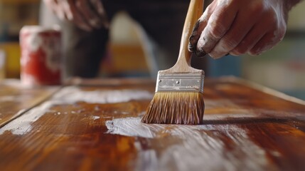 A painter applying a fresh coat of paint to a wooden surface. Featuring technique and detail