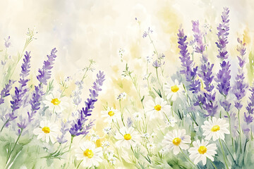 A watercolor painting of lavender and daisy flowers in a meadow.