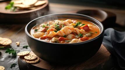 Warm Bowl of Seafood Stew with Fresh Herbs and Crunchy Crackers