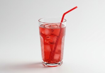A glass of red liquid with ice cubes and a red straw on a white background in studio lighting